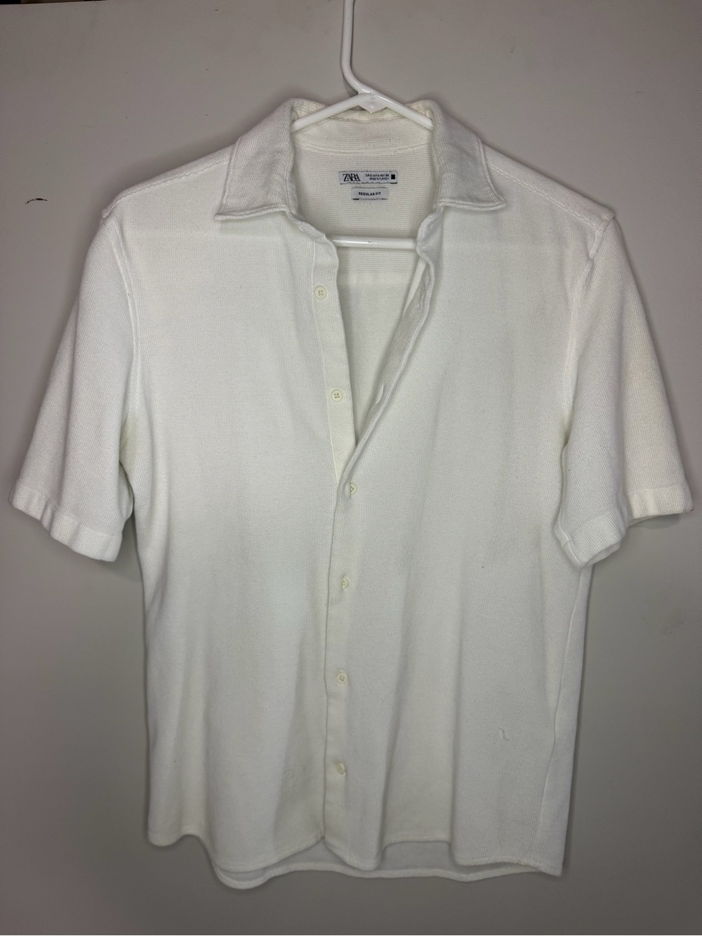 Zara Men White Short-Sleeve Button-Down Knit Shirt